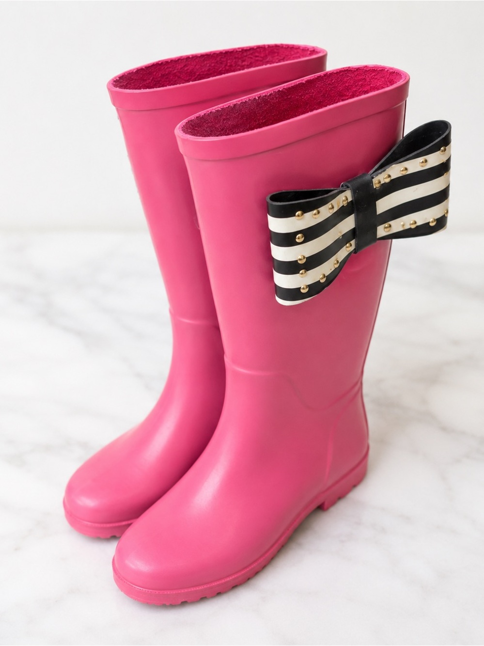 Betsey Johnson Storm Pink Rain Boots with Black & White Studded Bow